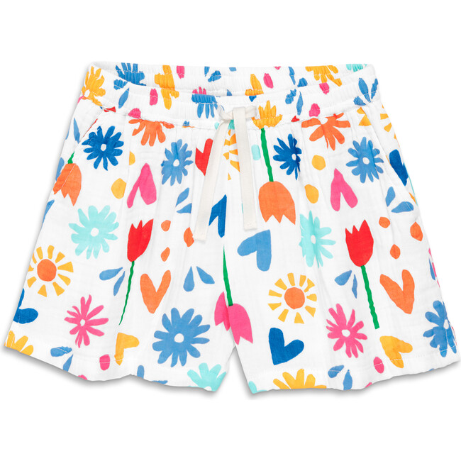 Cotton Gauze Beach Short In Rainbow Garden Party, White Rainbow Block Print - Shorts - 1
