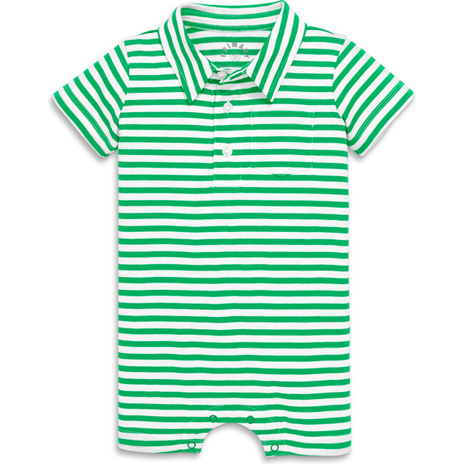 Baby Polo Shortie In Mini Stripe, Green Apple White Stripe - Rompers - 1