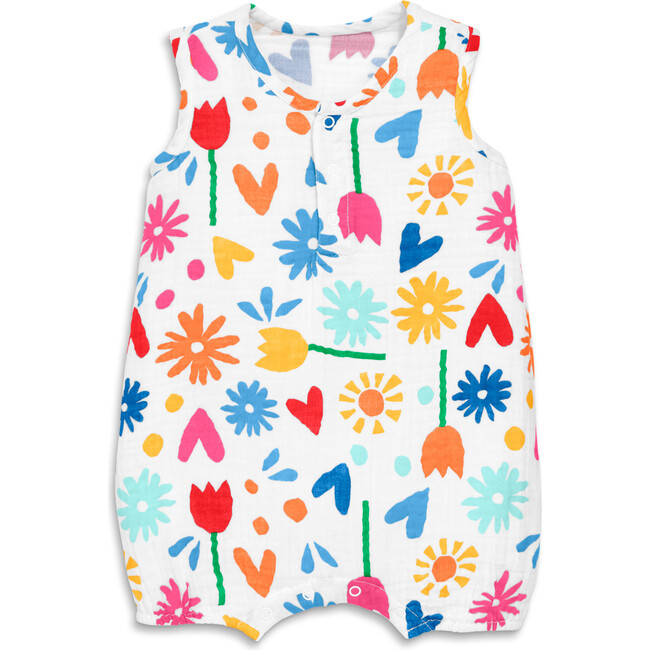 Baby Cotton Gauze Henley Tank Shortie In Rainbow Garden Party, White Rainbow Block Print - Rompers - 1
