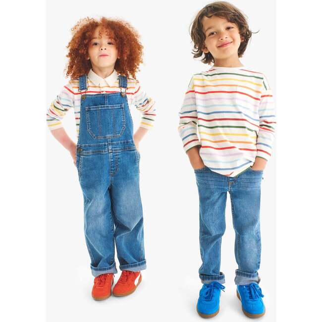 Kids Long Sleeve Polo In Rainbow Stripe, Ivory/ Rainbow Stripe