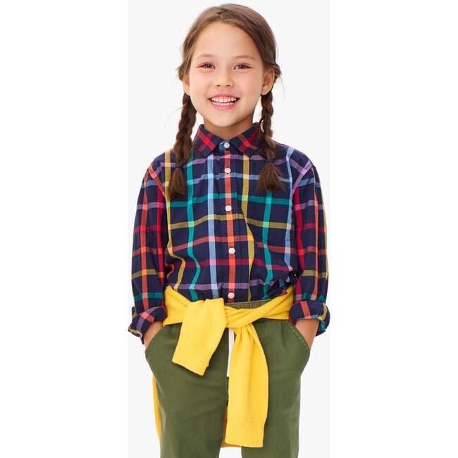 Kids Long Sleeve Rainbow Plaid Button Down, Navy / Rainbow Plaid - Button Downs - 3