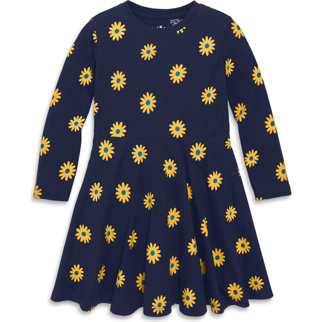 Long Sleeve Twirly Dress In Sunflowers, Navy Sunflowers - Dresses - 1