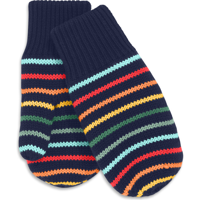Kids Fleece-Lined Rainbow Stripe Mittens, Fall Navy Rainbow Stripe - Mitts - 1