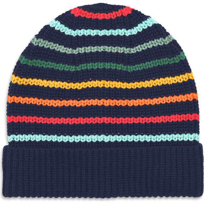 Kids Cotton Rainbow Stripe Beanie, Fall Navy Rainbow Stripe - Hats - 1