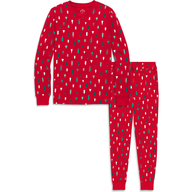 Grown-Ups Organic PJ Set in Holiday Prints, Cherry Multi Trees - Pajamas - 1