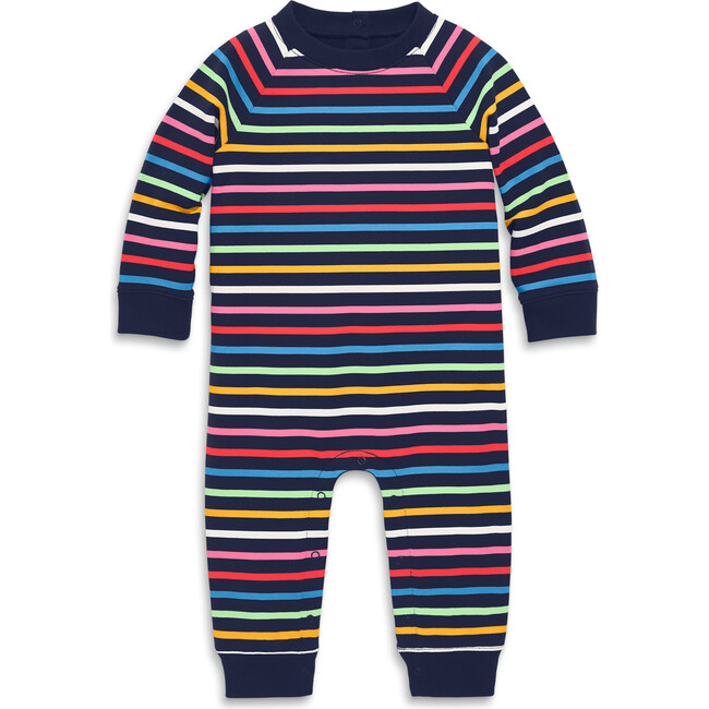 Baby Sweatshirt Romper In Rainbow Stripe, Navy Rainbow Stripe - Rompers - 1