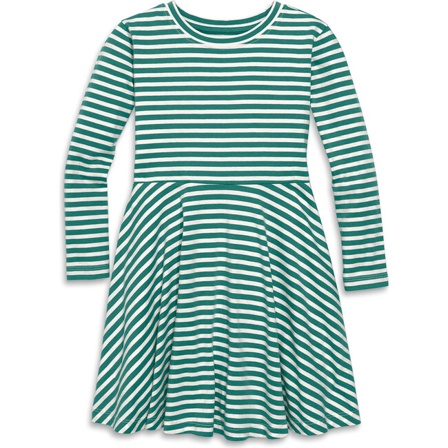 Long Sleeve Twirly Dress In Mini Stripe, Ivory Sunwashed Teal Stripe - Dresses - 1