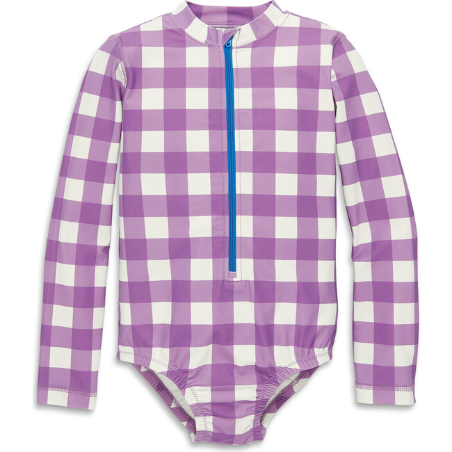 Long Sleeve One-Piece Rash Guard In Gingham, Lavender Gingham - Rash Guards - 1