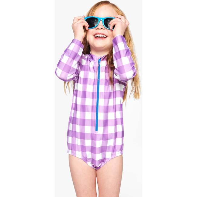 Long Sleeve One-Piece Rash Guard In Gingham, Lavender Gingham - Rash Guards - 2