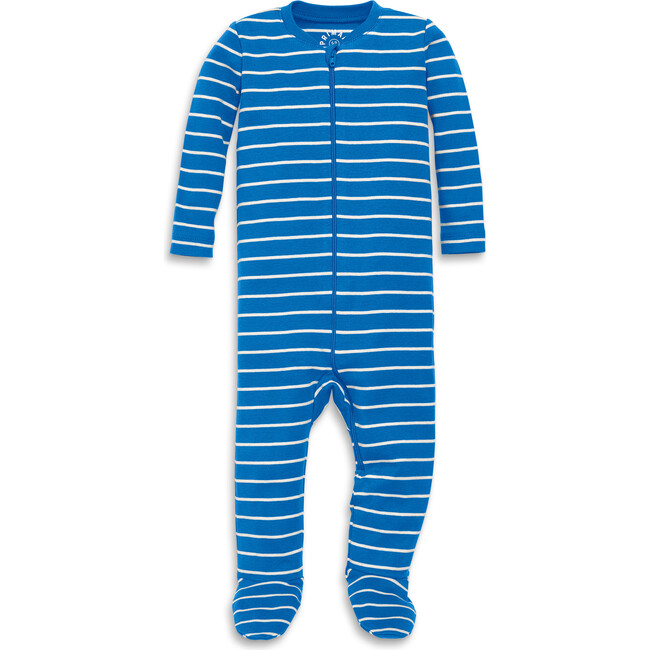 Baby Organic Zip Footie In Stripe, Blueberry Ivory Stripe - Footie Pajamas - 1