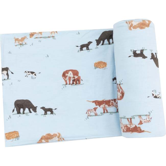 Swaddle Blanket, Cow Families Blue - Swaddles - 1