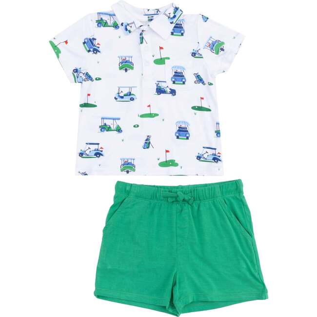 Polo Shirt & Short Set - Vintage Golf Carts, Blue - Mixed Apparel Set - 1