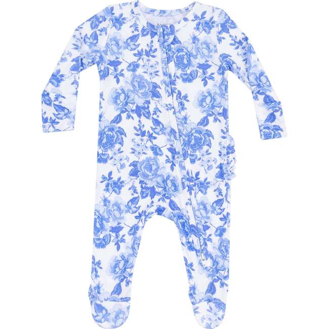2 Way Zipper Ruffle Back Footie, Roses In Blue - Footie Pajamas - 1