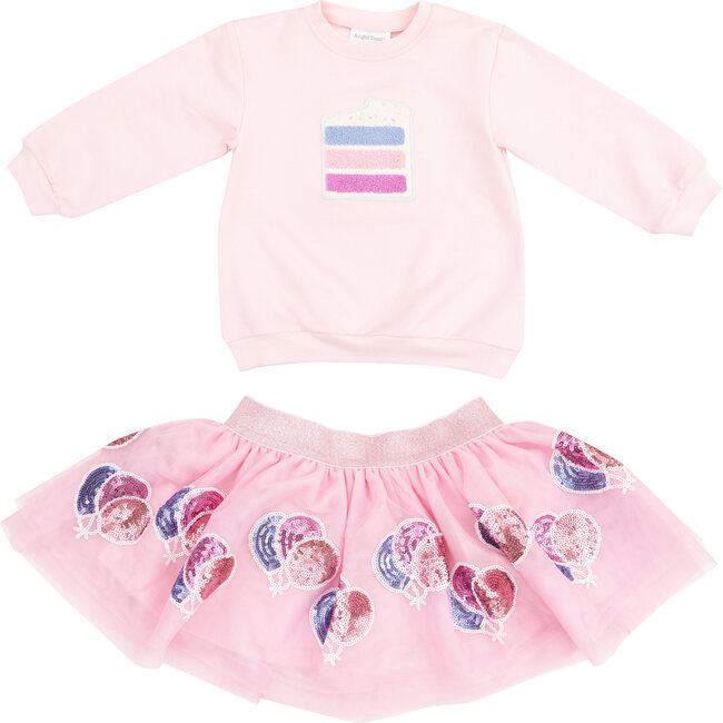 Birthday Cake Oversize Sweatshirt W/ Applique & Tutu Skirt, Pink - Mixed Apparel Set - 1