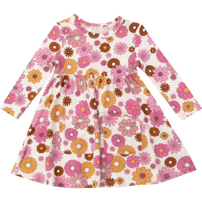 Retro Floral Twirly L/S Dress, Pink - Dresses - 1
