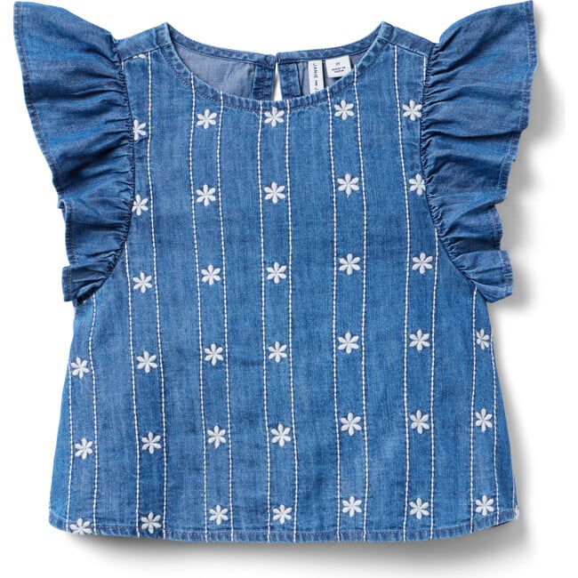 Chambray Embroidered Floral Top - Blouses - 1