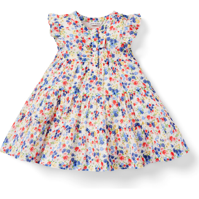 Baby Ditsy Floral Short Sleeve Tiered Dress & Bloomer, Jet Ivory - Dresses - 1
