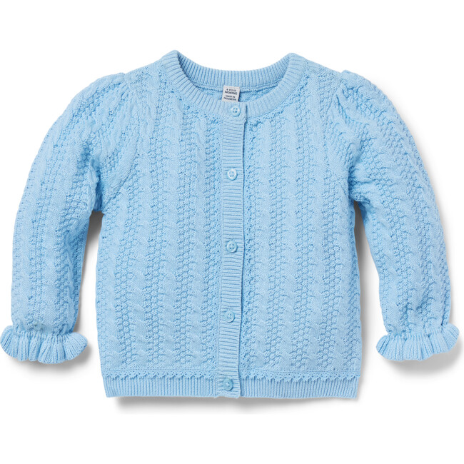 Baby Cable Knit Ruffle Cuff Long Sleeve Cardigan, Soft Blue - Sweaters - 1