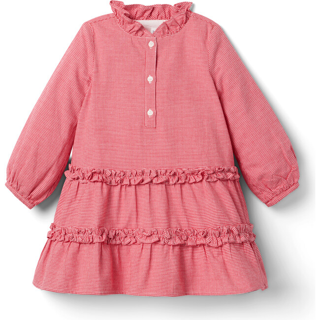 The Houndstooth Buttoned Ruffle Collar Long Puff Sleeve 2-Tiered Dress, Red - Dresses - 1