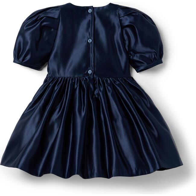 The Satin Bow Front Short Puff Sleeve Skater Dress, Dark Blue