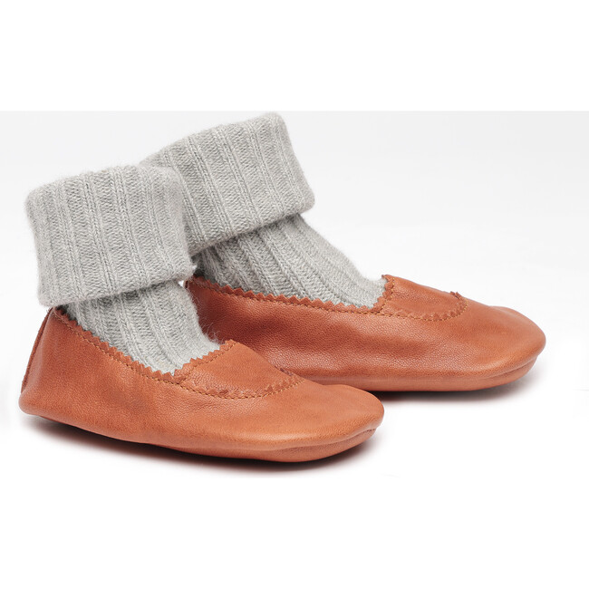 Leather Crib Shoes with Wool Sock, Brown