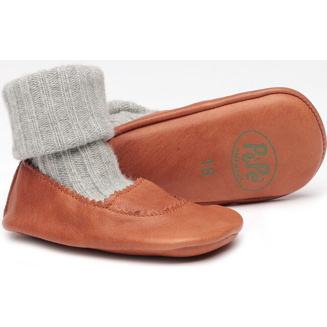 Leather Crib Shoes with Wool Sock, Brown - Crib Shoes - 2