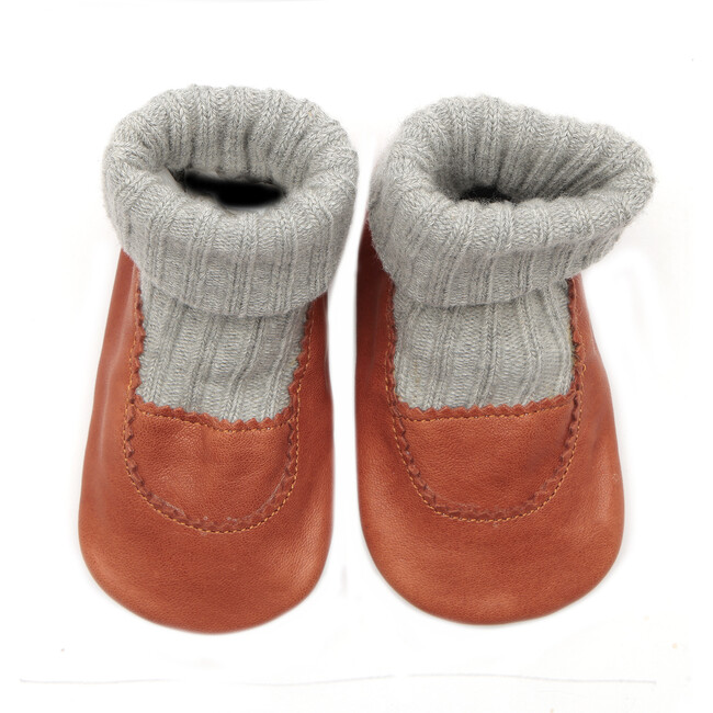 Leather Crib Shoes with Wool Sock, Brown - Crib Shoes - 3