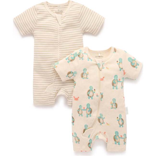 2 Pack Short Sleeve Zip Romper Hungry Turtles Print