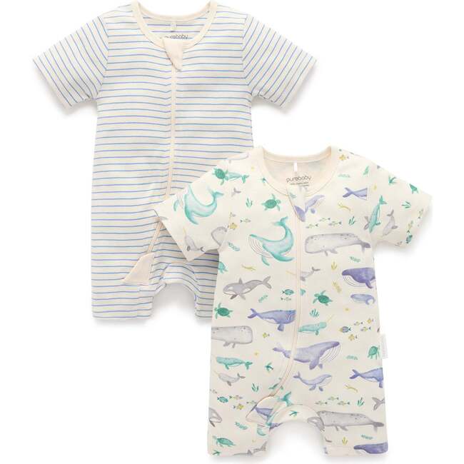 2 Pack Short Sleeve Zip Romper Whale Print