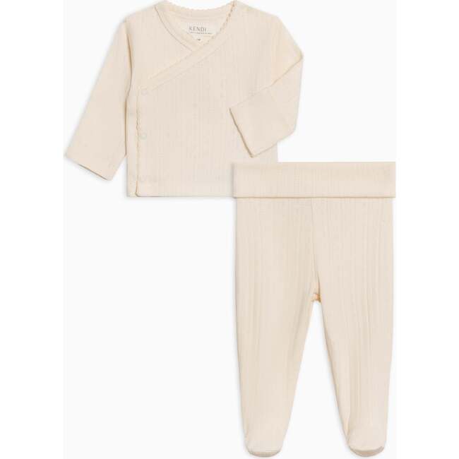 2-Piece Lacey Brushed Back Pointelle Kimono Top and Pant Set Ivory