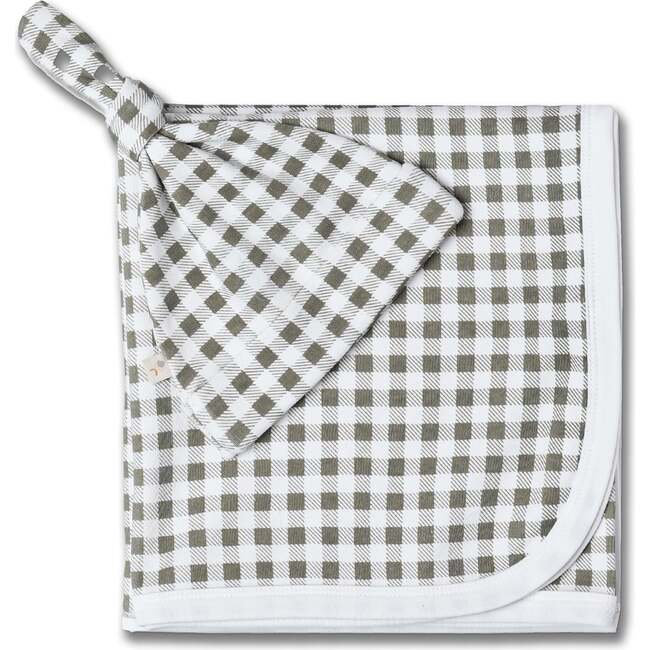 Organic Swaddle Blanket & Hat Set, Olive Gingham