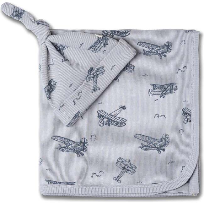 Organic Swaddle Blanket & Hat Set, Airplanes