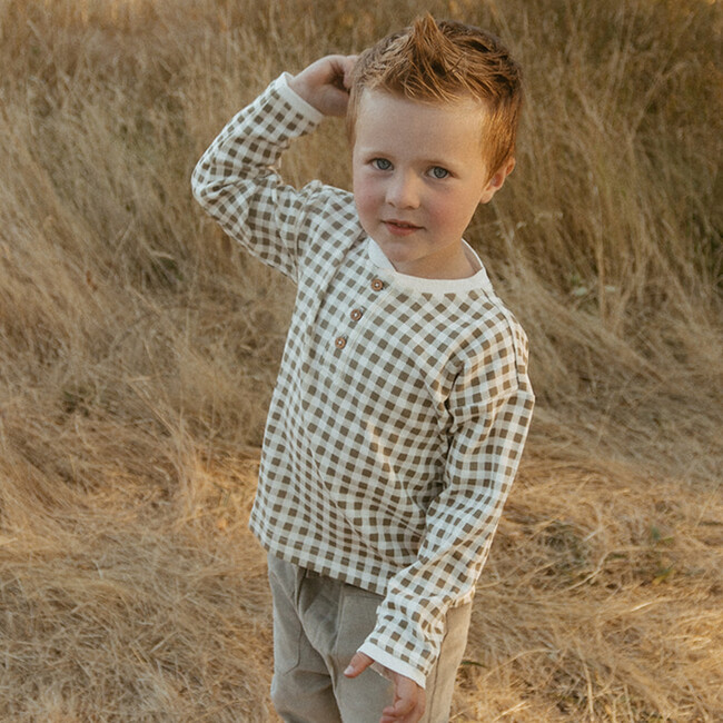 Organic Henley Tee, Olive Gingham - T-Shirts - 2