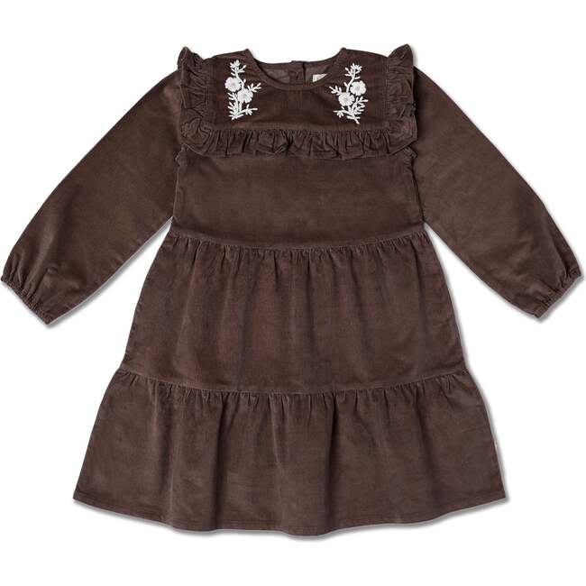 Organic Embroidered Corduroy Dress, Dark Brown