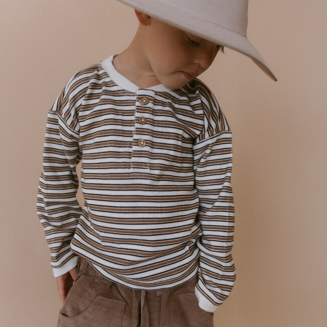 Organic Henley Tee, Brown Stripe - T-Shirts - 2