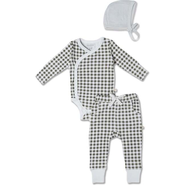 Organic Kimono Onesie & Pants Set, Olive Gingham