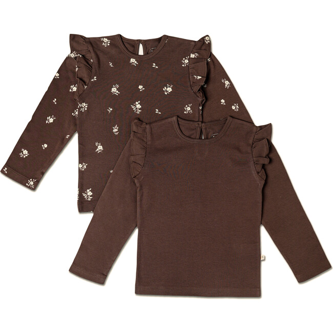 Organic Ruffle Long Sleeve Top Set of 2, Birch + Dark Brown