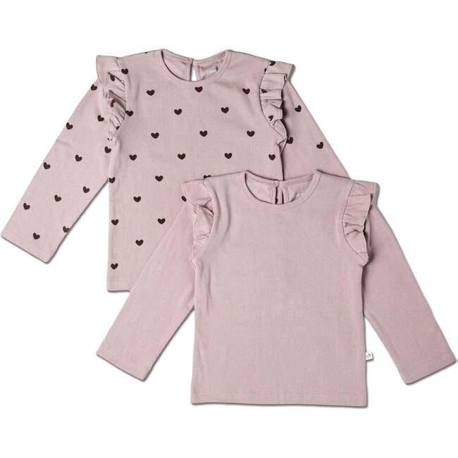 Organic Ruffle Long Sleeve Top Set of 2, Hearts + Dusty Rose