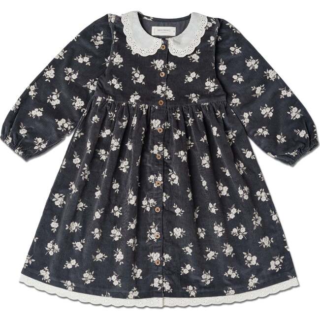 Organic Corduroy Collared Button Dress, Navy Bloom