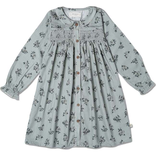 Organic Smocked Button Dress, Sage Bloom