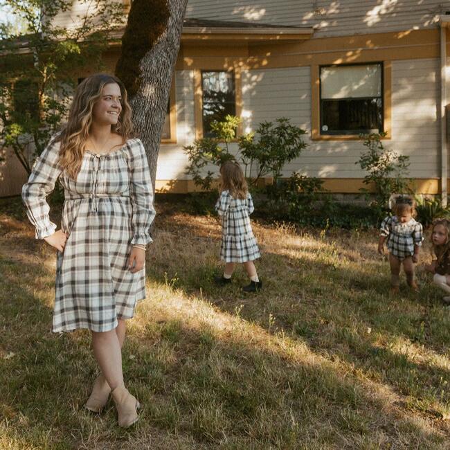 Organic Long Sleeve Ruffle Dress, Plaid Checks