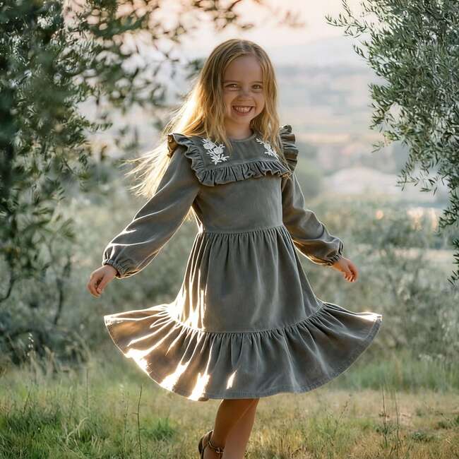 Organic Embroidered Corduroy Dress, Olive - Dresses - 3