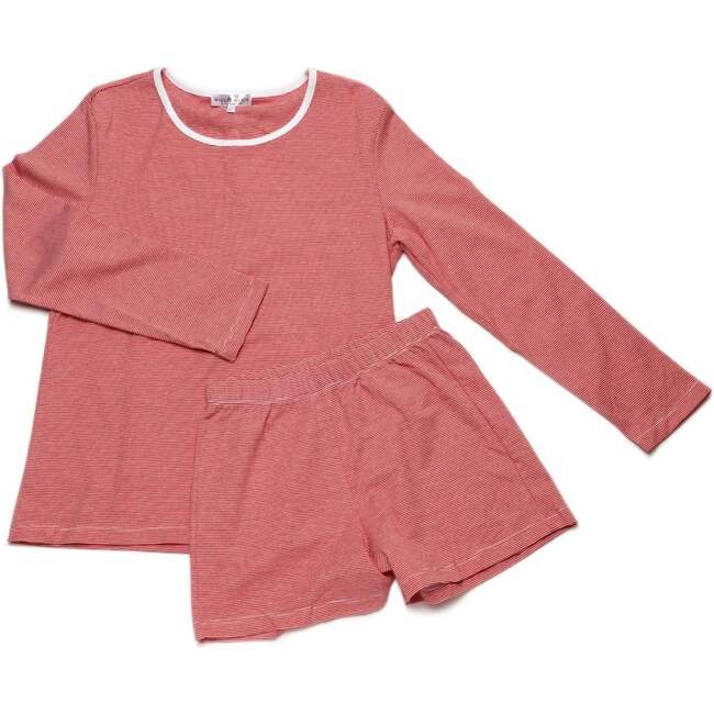 Women's Pima Long Sleeve Short Set, Red Mini Stripe