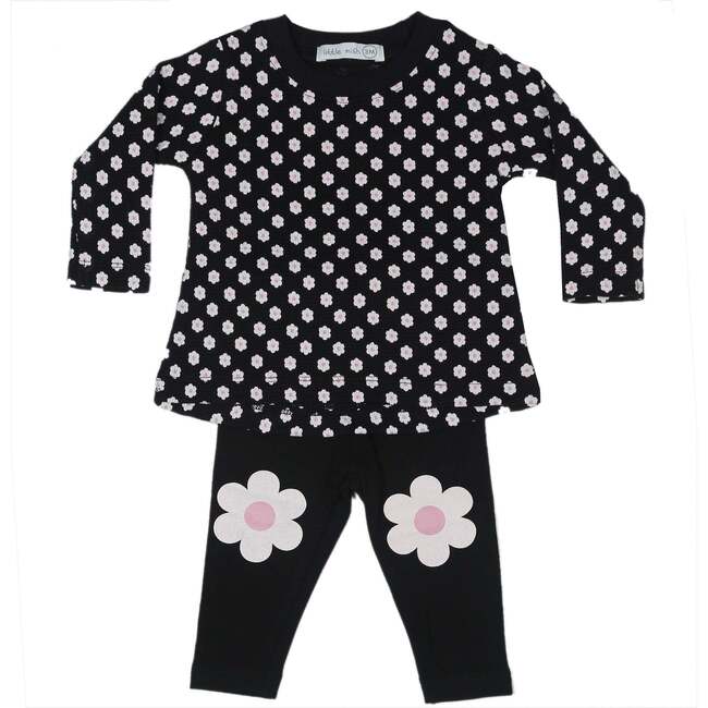Little Mish Baby Thermal A-line Top and Legging Set, Flowers on Black