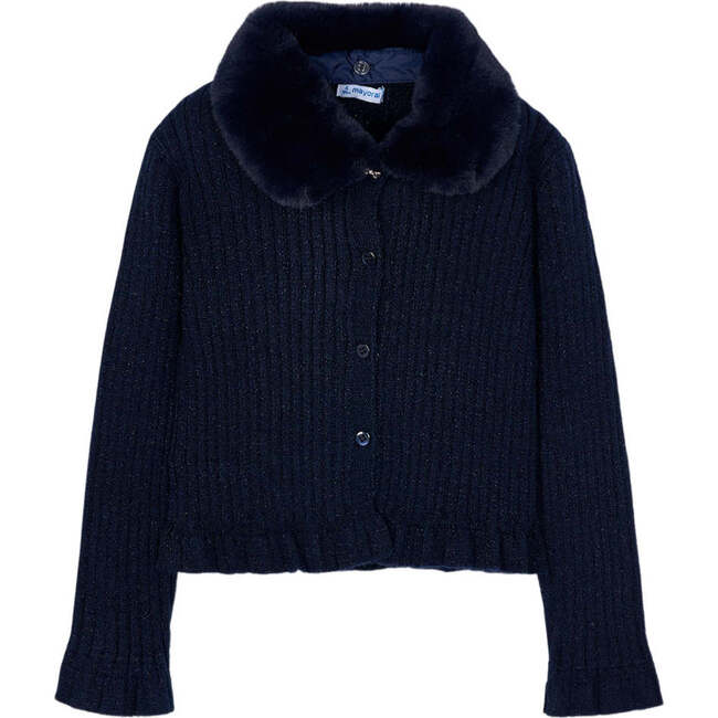 Girl Cardigan with Faux Fur Collar, Navy