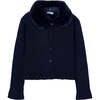 Girl Cardigan with Faux Fur Collar, Navy - Cardigans - 1 - thumbnail