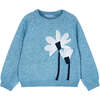 Girl Flowers Applique Knit Jumper, Blue - Sweaters - 1 - thumbnail