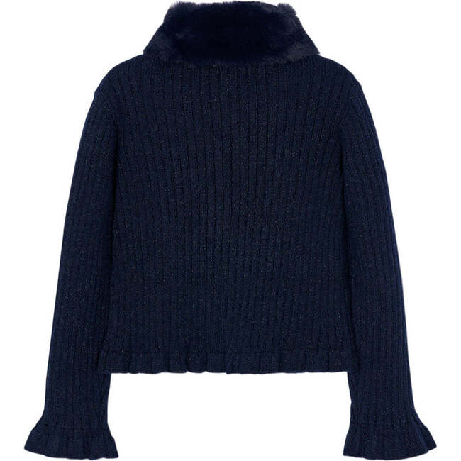 Girl Cardigan with Faux Fur Collar, Navy - Cardigans - 2