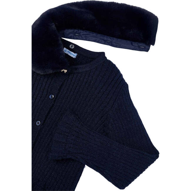 Girl Cardigan with Faux Fur Collar, Navy - Cardigans - 3