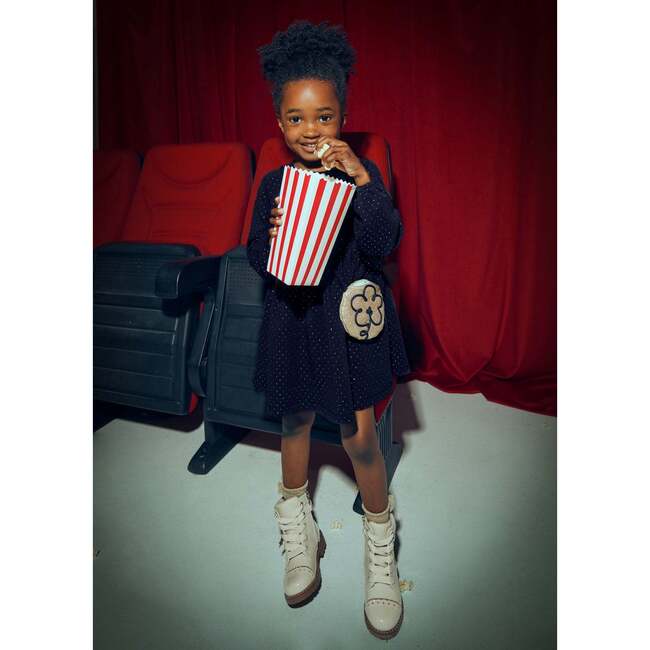 Girl Fleece Dress with Handbag, Navy - Dresses - 3